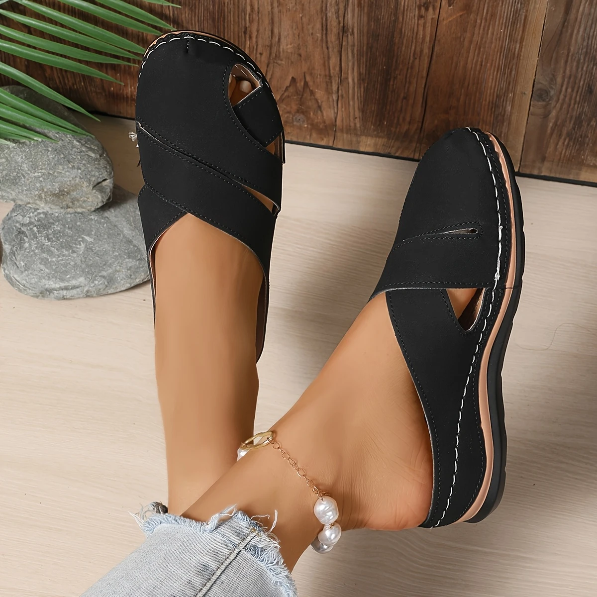 1 pair womens casual round toe platform wedge sandals solid color summer fashion slippers with thick sole insole for details 7