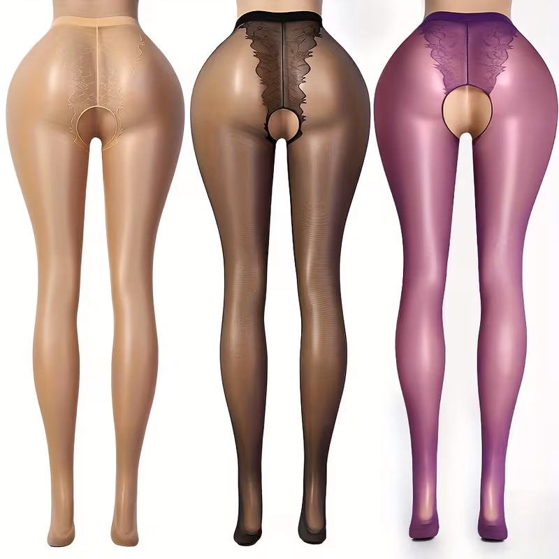 a set of three items including black light beige and purple womens tights Product details 1