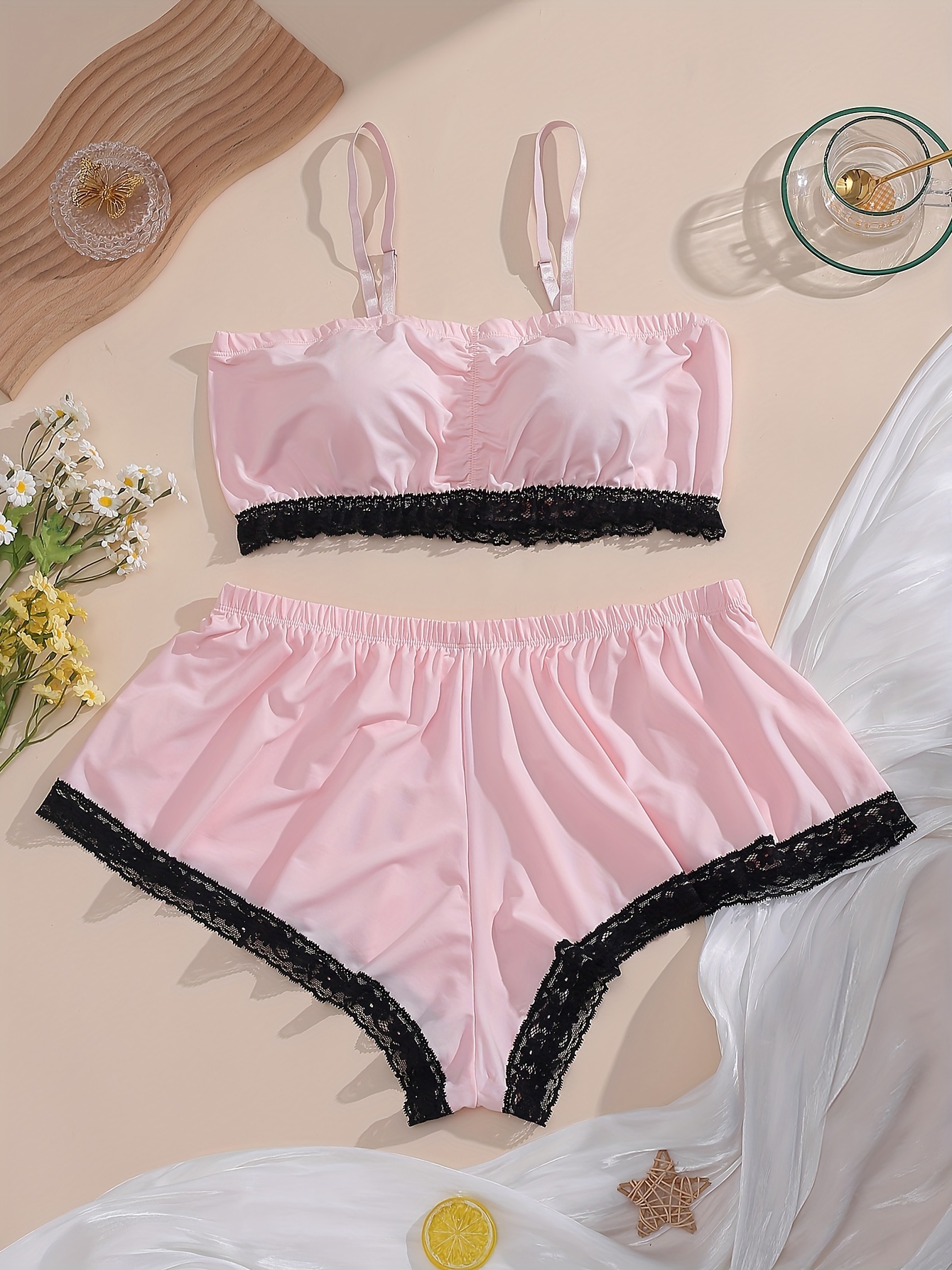 Fashion Women Plus Size Bra Panty 2 Piece Push Up Lace Underwear Briefs Set  Rhinestone Pink Comfortable