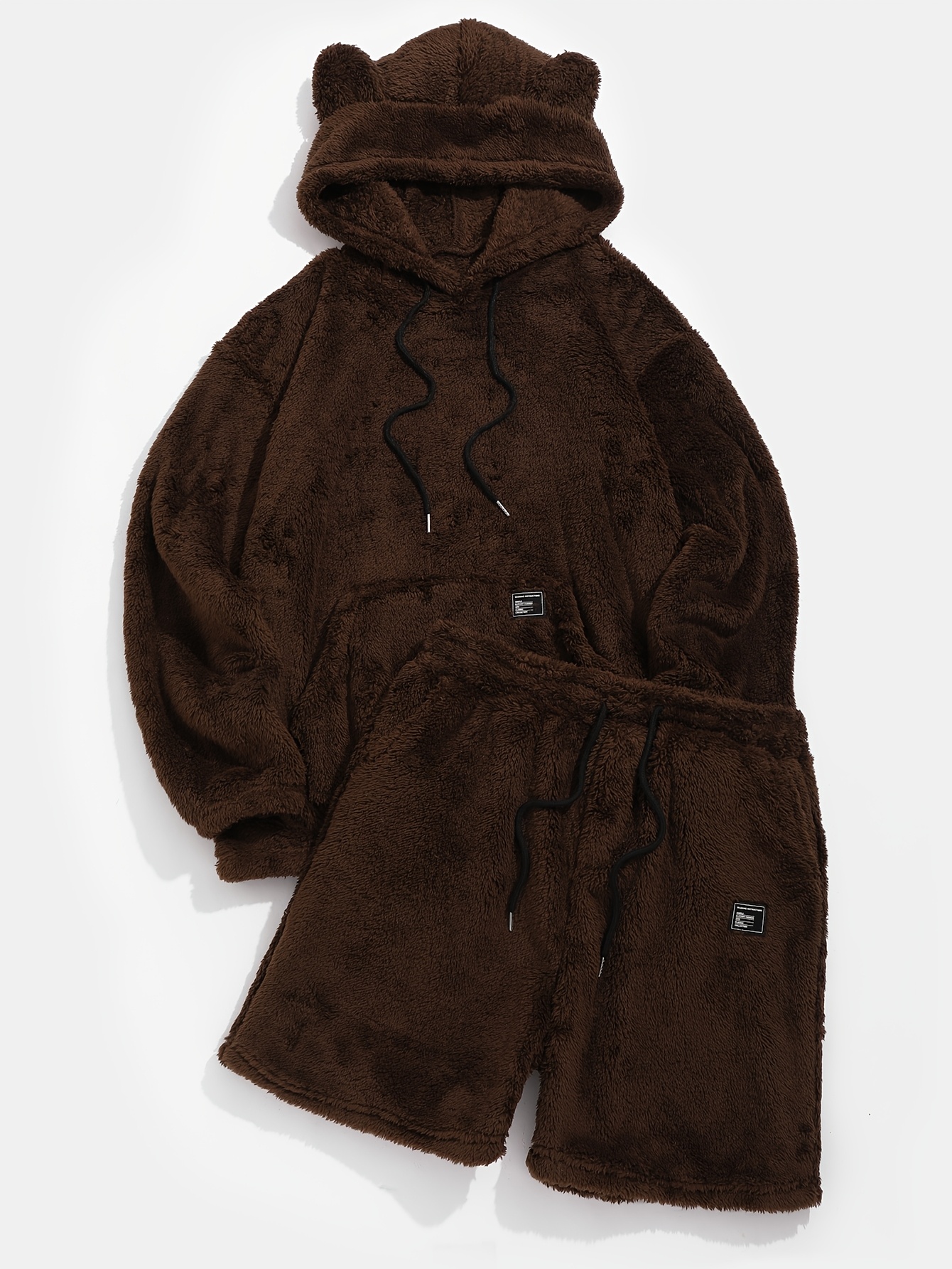 2 Pcs Plush Teddy Hoodie & Shorts Set - Cozy, Machine Washable, Brown