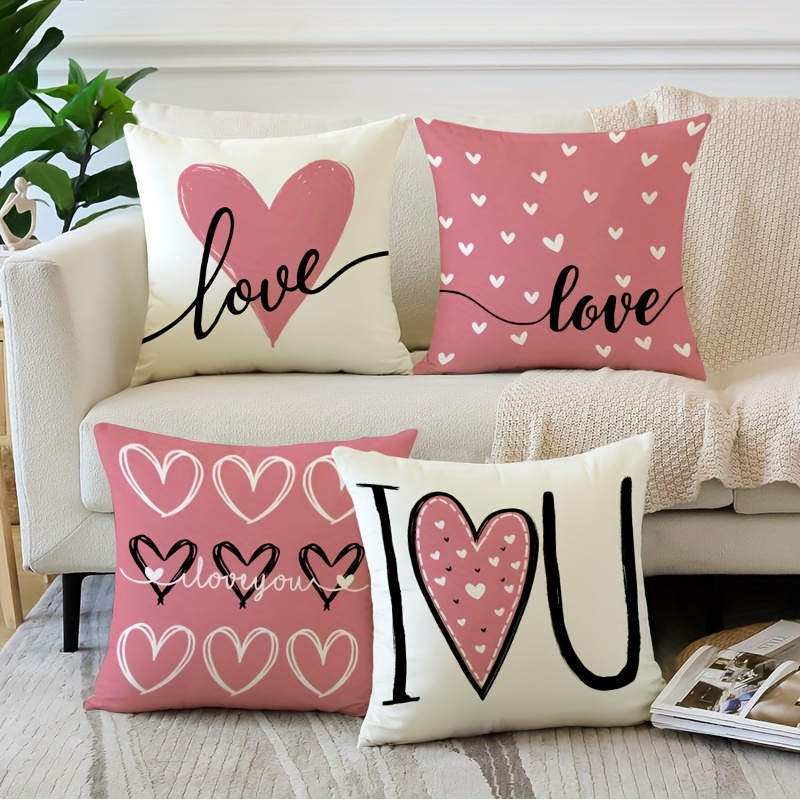 

Valentine's Day 4-piece Throw Pillow Covers Set, French-style, Polyester, Zippered, Machine Washable, Woven Floral & Heart Pattern, Decorative Cushion Cases For Various Rooms, 18x18 Inches - No Insert