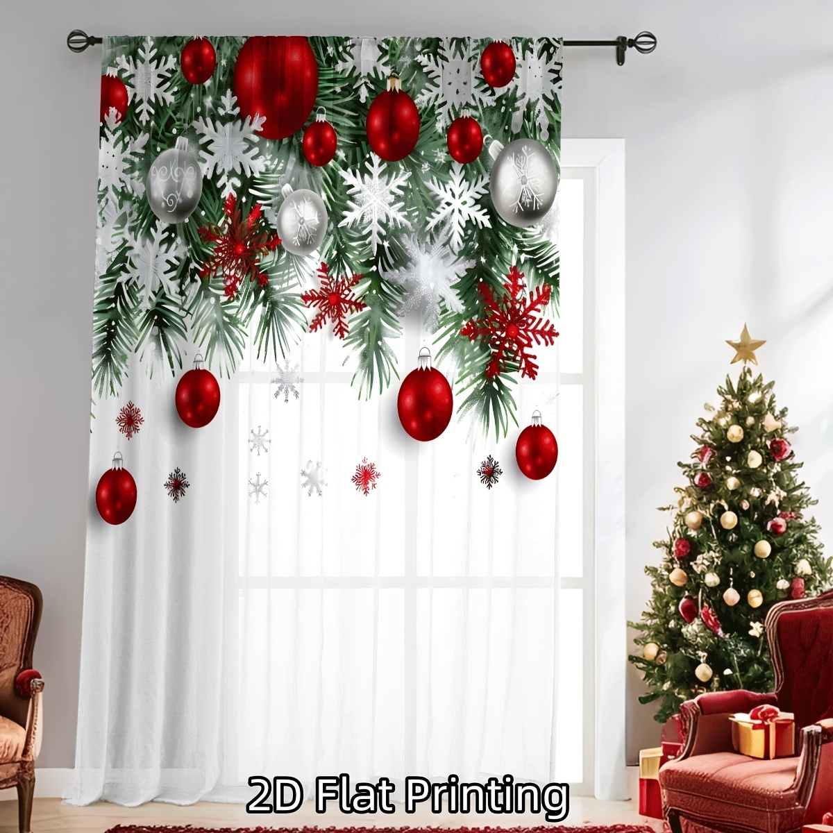 TEMU Rideau de Noël Transparent 2D Plat, 1 pièce avec Impression Numérique et Éléments Variés des Boules Colorées et Enchantés - Fabriqué en