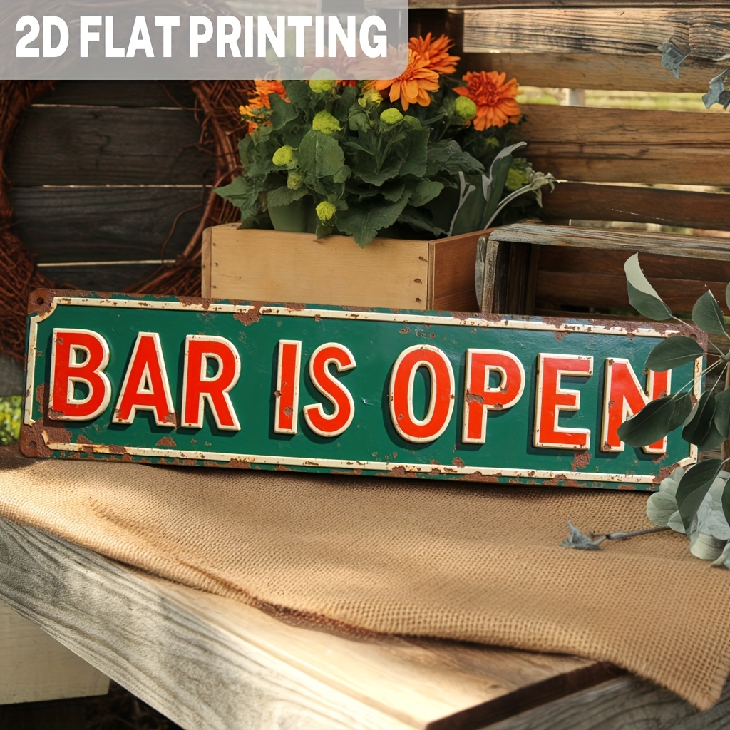TEMU 2d Flat, 1pc Vintage "bar Is Open" Metal Wall Sign - Heavy-duty Iron Rustic Pub Decor With Red Letters & Green Background - Bar Is Open Sign For