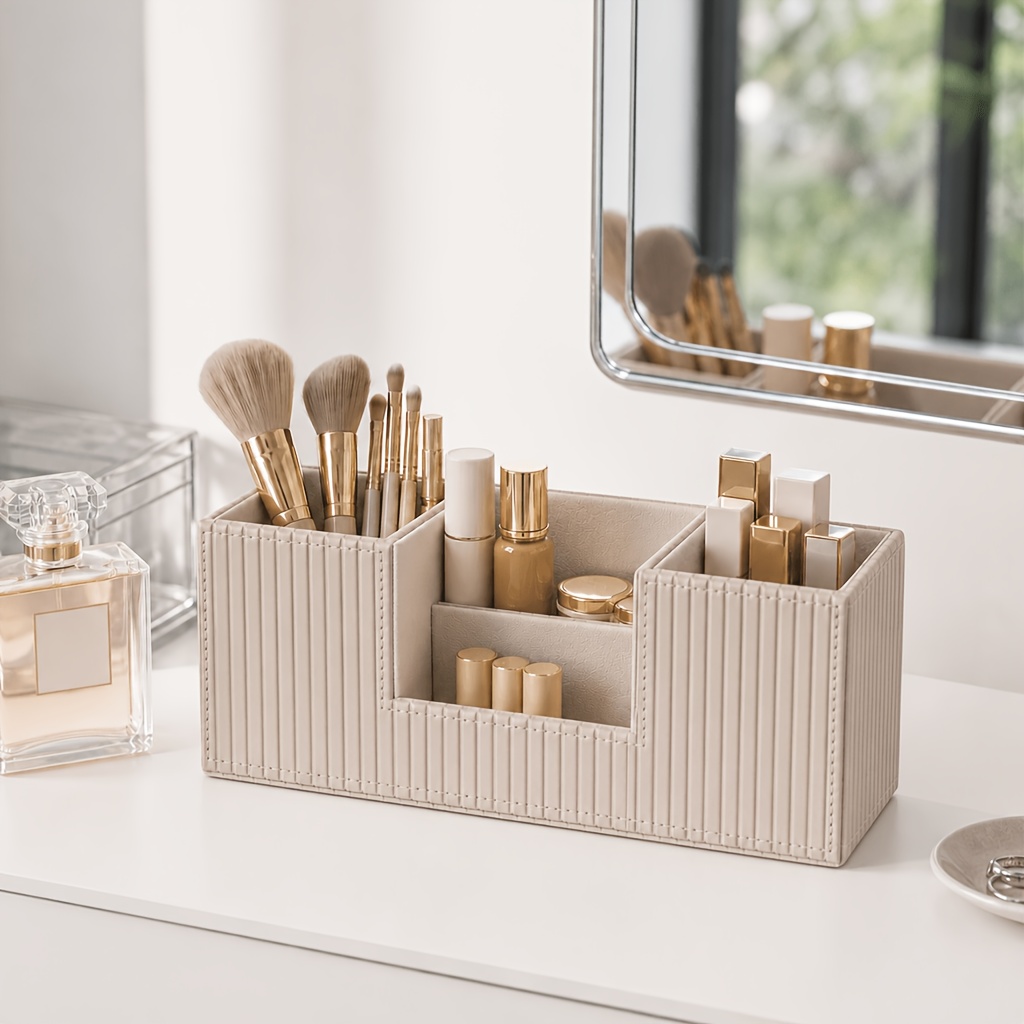 TEMU GORESE Organizer da Tavolo in Pelle PU Texturizzata Multicomparto per Cosmetici, Scatola Portaoggetti per Strumenti di Trucco e della Pelle,