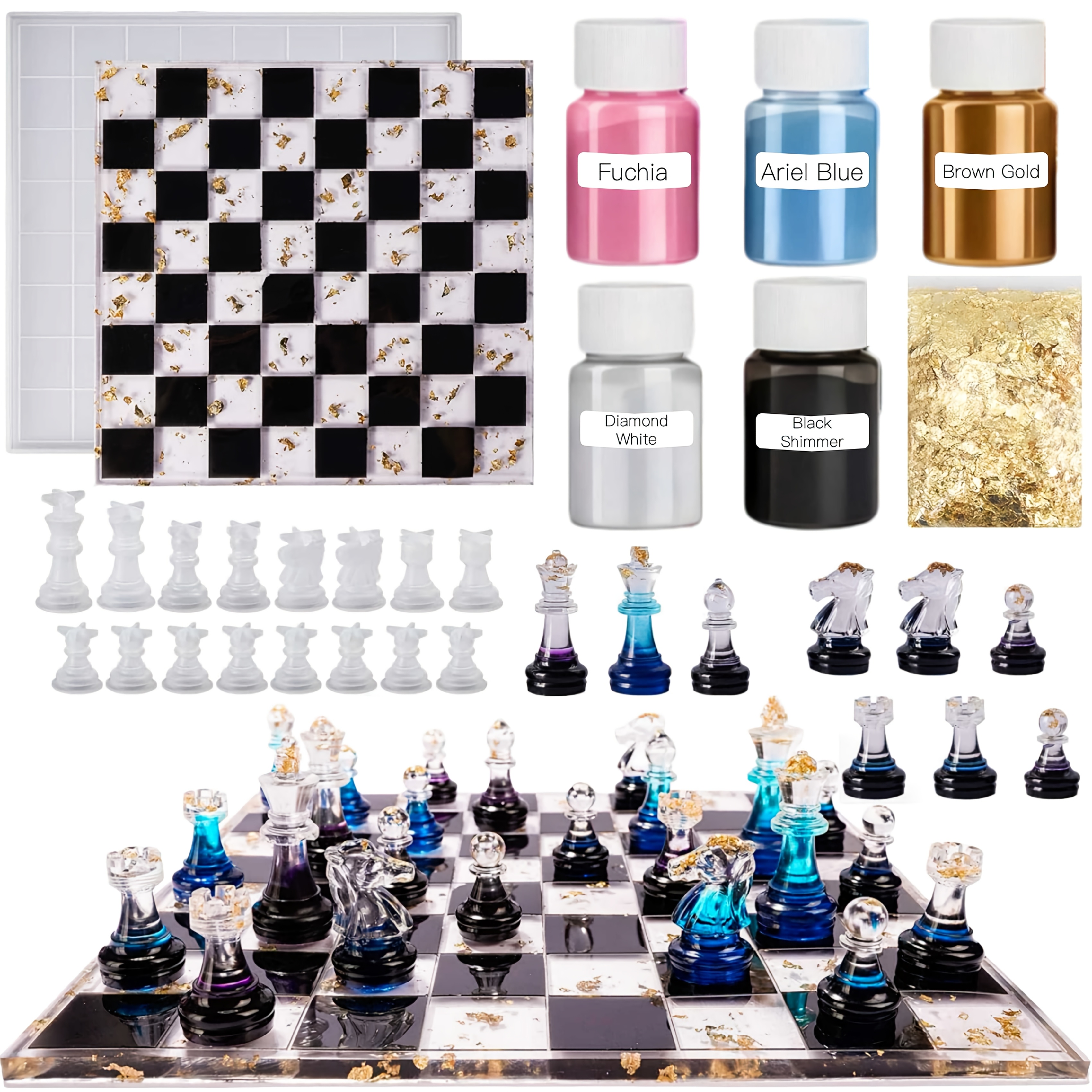 Image of 23pcs Chess Set (silicone Molds And 5-color Paints With Fillings) - Game Board Making Kit, Complete And Resin Casting Molds, Creative Gift, Furniture Display, Beginner-friendly Set