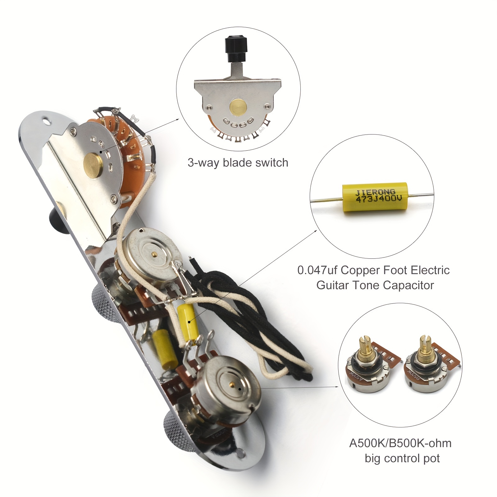 [1pc Vintage Guitar Control Plate] 1pc Vintage-Style 3-Way Switch Guitar Control Plate | Alloy, 500K Potentiometers, Blade Switch, Waxed Cloth Wiring Harness | Compatible with Telecaster