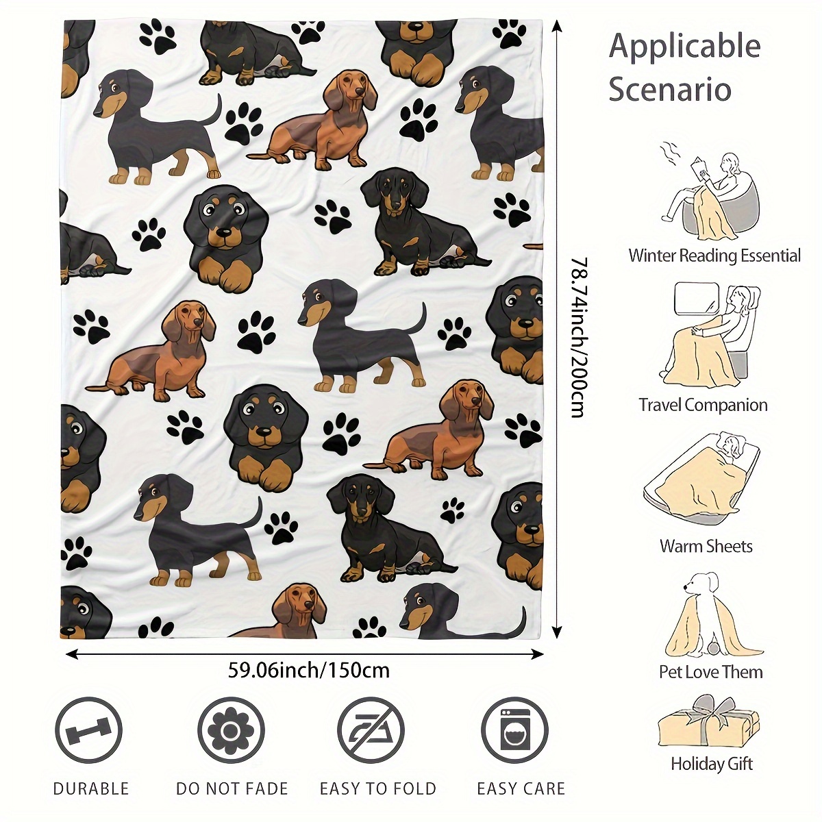 1pc adorable dachshund dog pattern flannel blanket soft casual warm blanket for couch and bed decor details 3