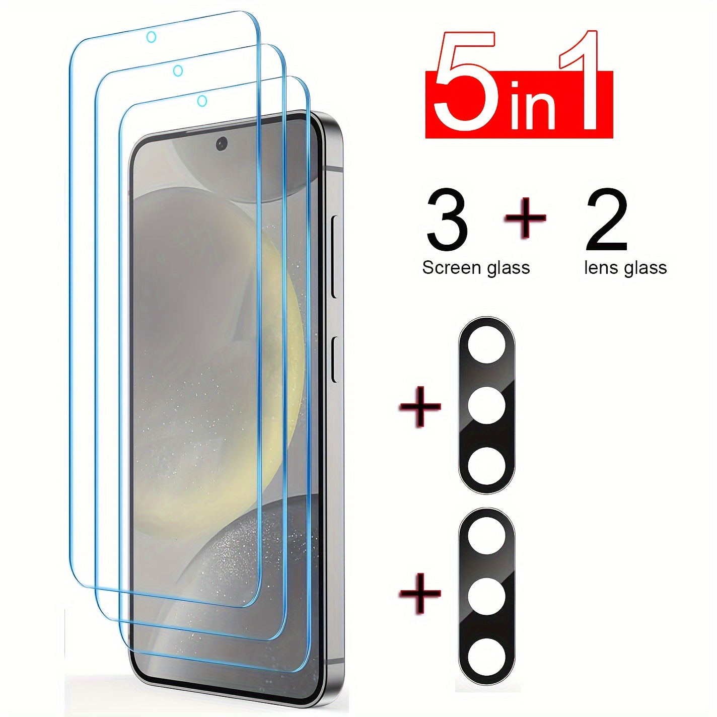 

5-in-1 [3+2pcs] Tempered Glass Screen Protector For Samsung Galaxy S24/s24 Plus/s24 Ultra 3pcs Screen Protector + 2pcs Camera Lens Protector