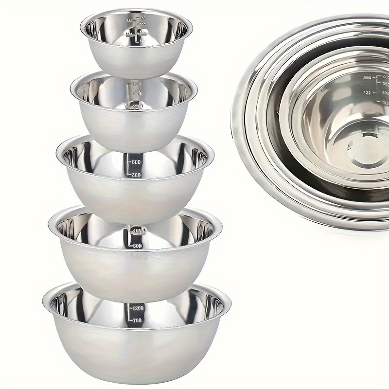 

5pcs Stainless Steel Mixing Bowls Set, Polished Metal , Rust Resistant, Round With Scale, For Cooking, Baking, Food Prep, Serving & Washing