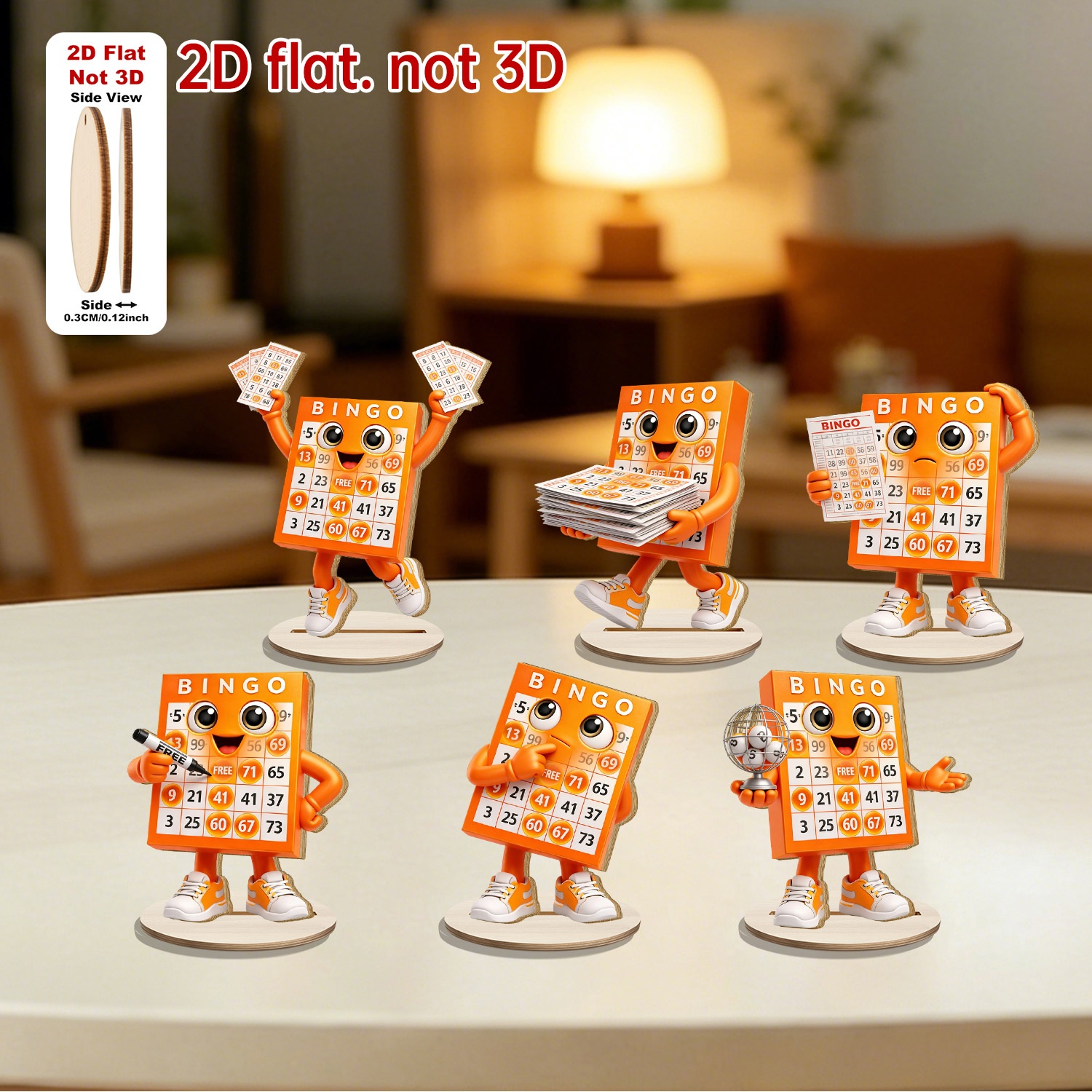 TEMU 2d Flat 6pcs Pack Of Collectible Dolls. Cartoon Bingo Game Card Wooden Desktop Stand Ornaments, Suitable For Bingo And Party Theme Decorations,