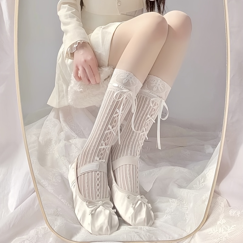 TEMU A Pair Of Women's Lace-up Mid-calf Socks With A Bow, Featuring A Japanese Jk Striped Design, Spring And Summer. Versatile Calf Socks Are Ideal