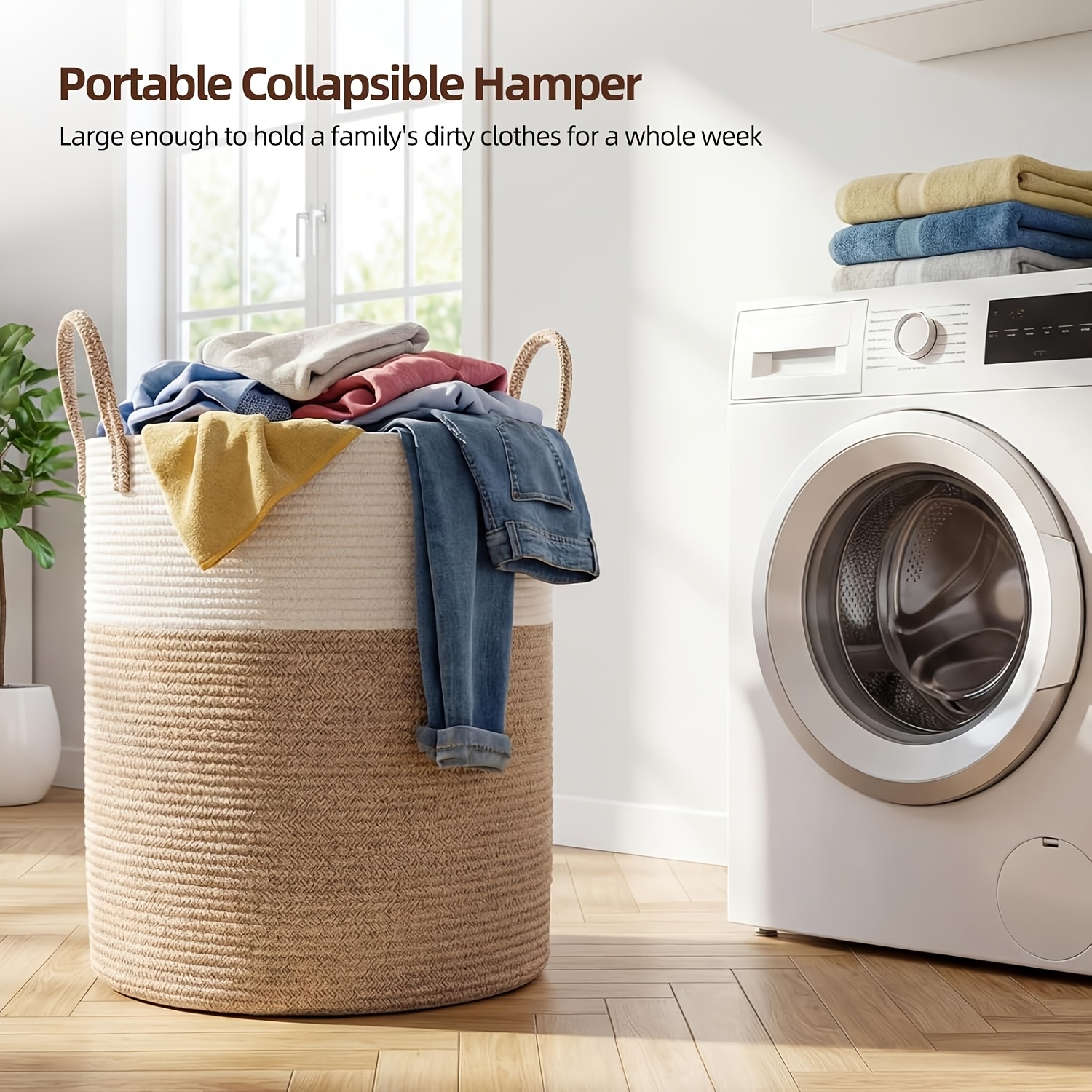 Large Laundry Basket Hamper - 60L Rope Woven Storage Basket for Blankets, Clothes - Tall Decorative Nursery Hamper with Long Handles, Decorative Blanket Basket for Living Room, Laundry Hamper, Nursery Organizer, Beige Rope Basket, Shelf Baskets