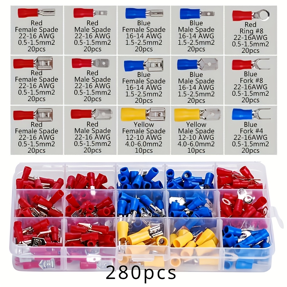 Image of 280pcs Of Terminal Connectors Hard Case, A Set Of 280 Rivets, Including Heat-insulating Cable Connectors, Featuring , Ring, And Fork Connectors - Wire Rivet Kit, Without Battery