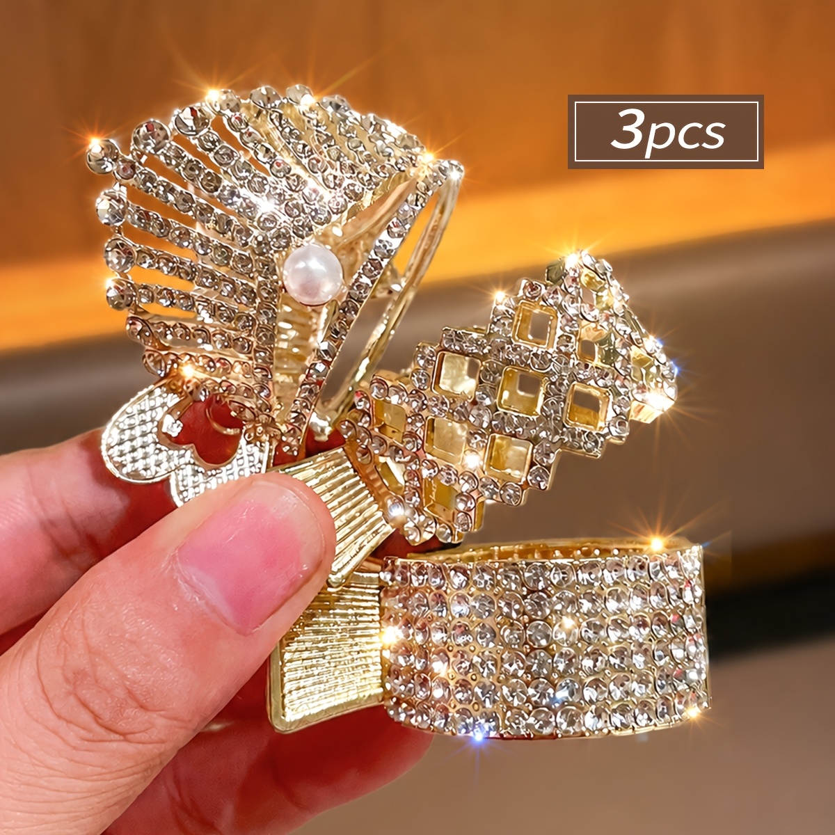 TEMU 3pcs Pince à Cheveux Femme Légère Luxe Strass Perle Queue de Cheval Haute, Pince à Cheveux Fixe Antidérapante, Mode Polyvalente pour Quotidiens