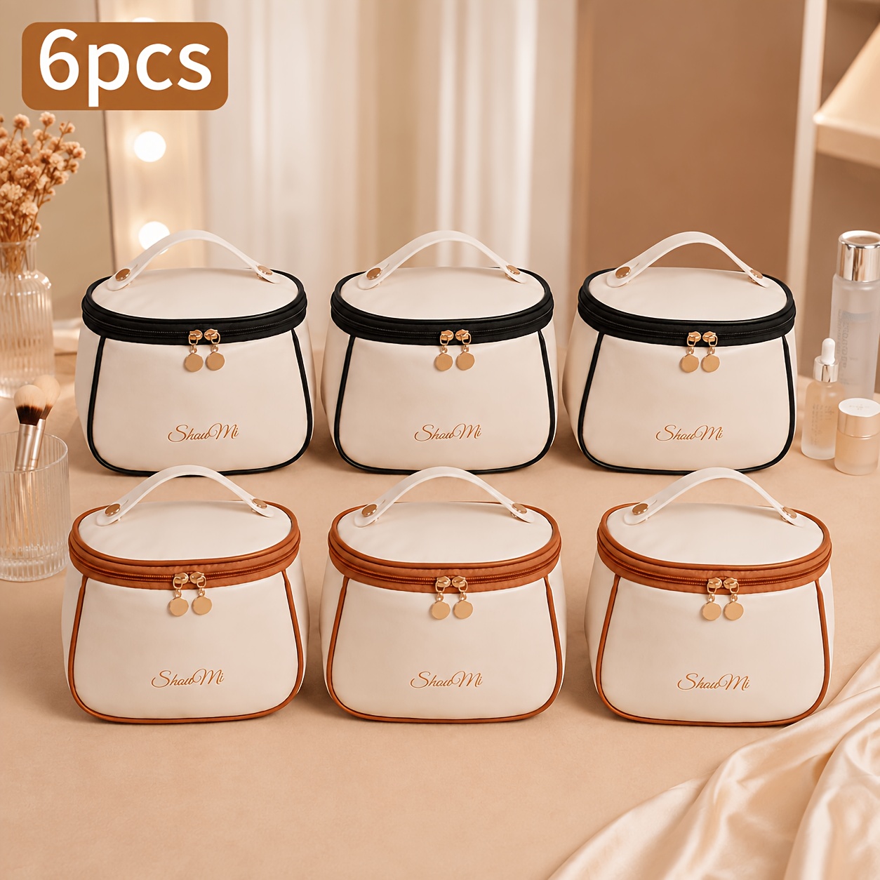 TEMU Ensemble de 6 trousse de Cosmétique de voyage contrastées, organisateur de Cosmétique portatif avec à double fermeture éclair, grande trousse de