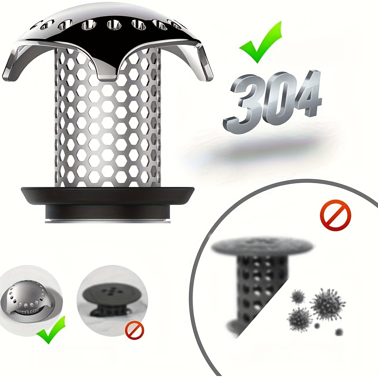 304 Stainless Steel Bathtub Floor Drain with Hair Catcher - Rust-Resistant, Durable Perforated Design for Efficient Drainage & Clog Prevention, Modern Bathroom Sink/Shower Drain Cover, Contemporary Metallic Finish, Highquality Finish