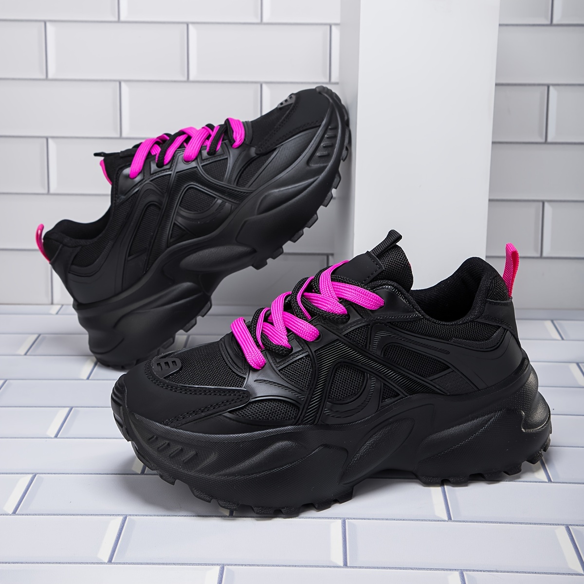 

Women's Solid Color Casual Sneakers, Lace Up Platform Chunky Soft Sole Shoes, Heightening Breathable Sporty Trainers