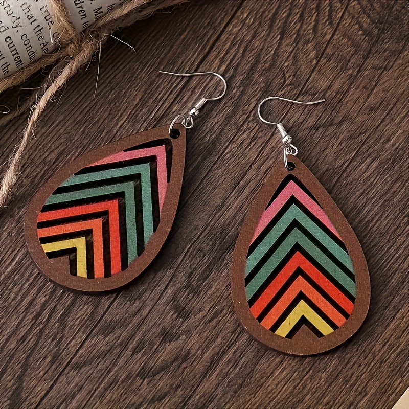 Bohemian Rainbow-Colored Teardrop Geometric Wooden Drop Earrings