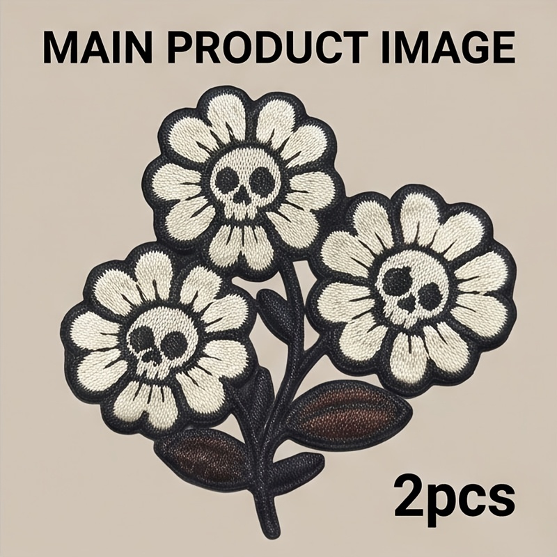 TEMU 2pcs Skeleton Daisy Flower Embroidery Fabric Patches, Gothic Style Flower Skeleton Heat Transfer Patches/seam Sewing Patches, Punk Decorative