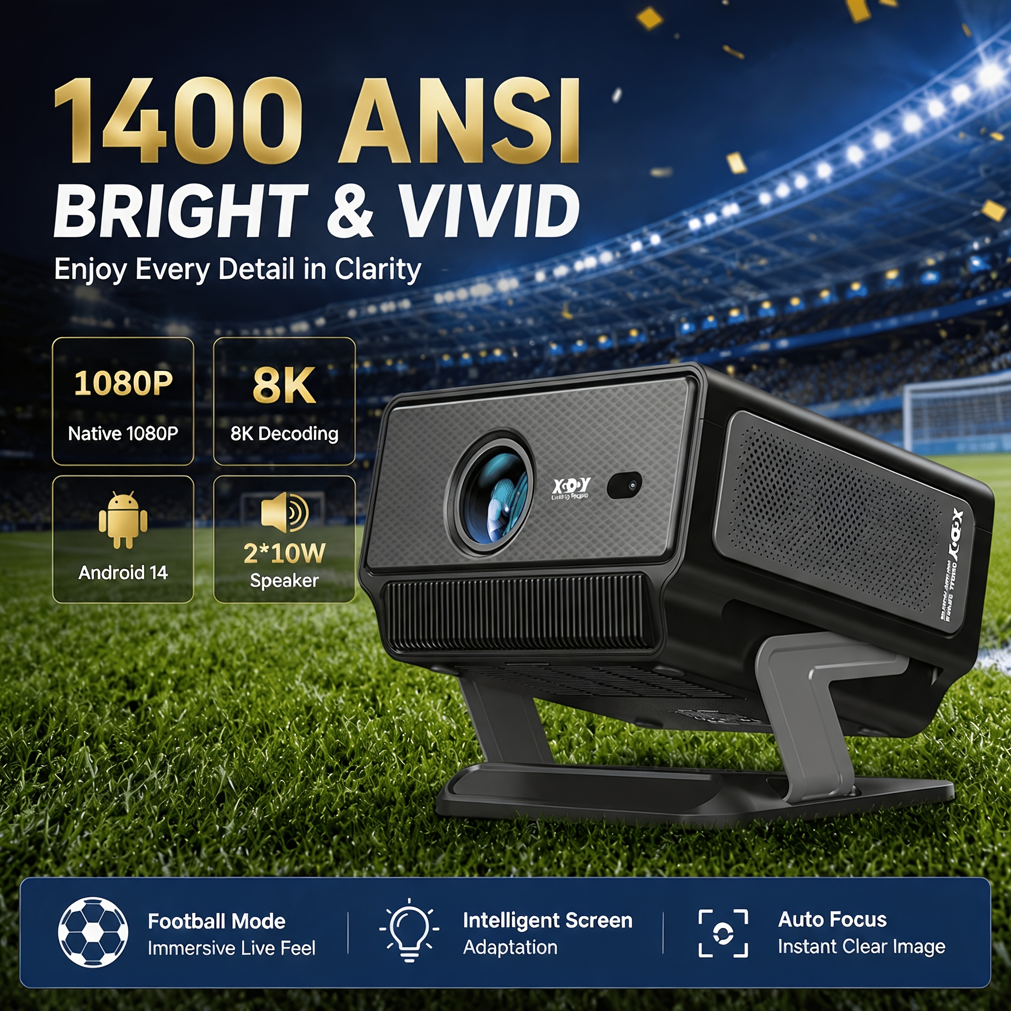 Image of Xgody Native 1080p Projector, 1400ansi , 8k , Wifi 6 & Wireless 5.4, Auto Focus & Auto Keystone, Smart Projector, Portable Mini Movie Projector For Phone, Tv Stick, Pc, Ps5, Indoor & Outdoor