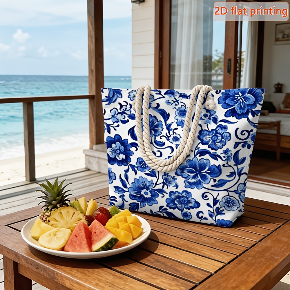 TEMU 1pc 2d Flat Blue And White Porcelain Floral Print Pattern - Fiber Beach Bag With Dual Comfortable Handles And Detachable Strap, Zipper Closure,