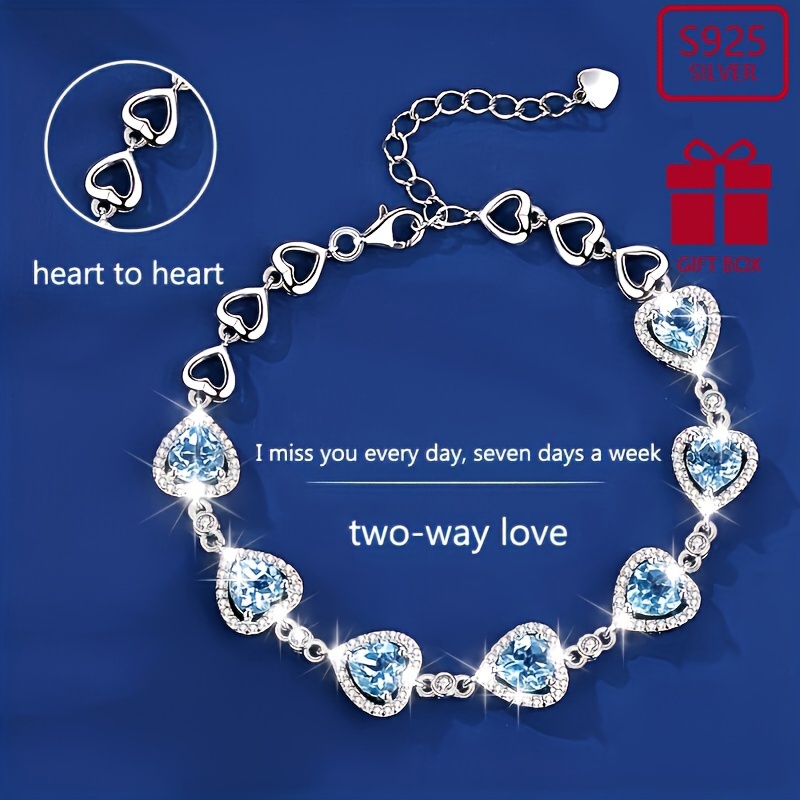 

925 Sterling Silver Heart Of The Ocean Bracelet Women's Niche Design Blue Heart-shaped Zircon Hand Jewelry
