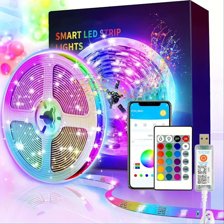 TEMU 25ft/50ft/60ft/65ft/100ft Rgb Led Light Strip, Wireless Music, Synchronized Color Change, Smart App Control, Remote Control, Infrared Sensing,
