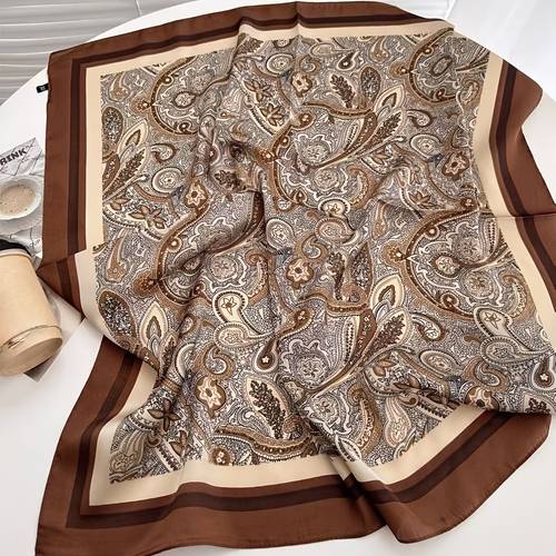 1 stück eleganter brauner damen-schal aus satin - großes 70x70 cm quadratisches kopftuch, mit exquisiten blumen- und geometrischen prints, braun - luxuriöser schal