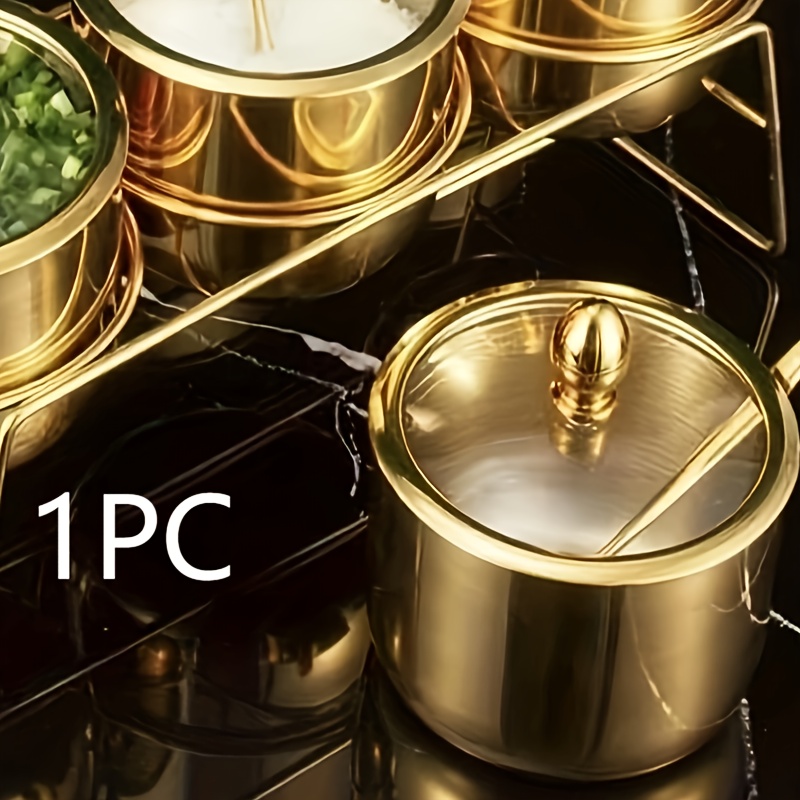 1 Golden Stainless Steel Sugar Bowl With Glass Lid And Spoon- Dishwasher Safe, Wide Opening, Condiment Dispenser For Coffee Bar And Kitchen Storage