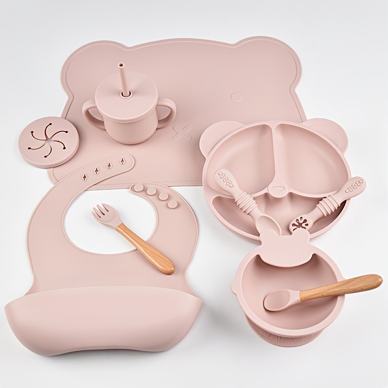 Image of 10pcs Baby Tableware Set 1-year-old 2-year-old 3-year-old Toddler Silicone Dinner Plate Silicone Rice Paste Spoon Suction Cup Bowl Tools Complete Set Of Bib Snack Cup Straw Cup 2-in-1