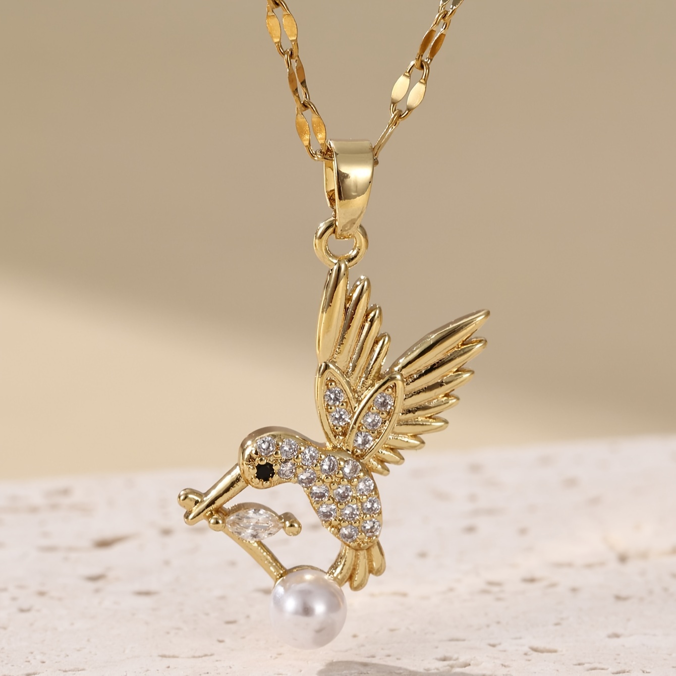 

Elegant 18k Golden Plated Hummingbird Pendant Necklace With Zirconia Inlay And Pearl, Stainless Steel Animal-themed Jewelry For Women - Ideal For Daily Wear And Gift-giving Occasions