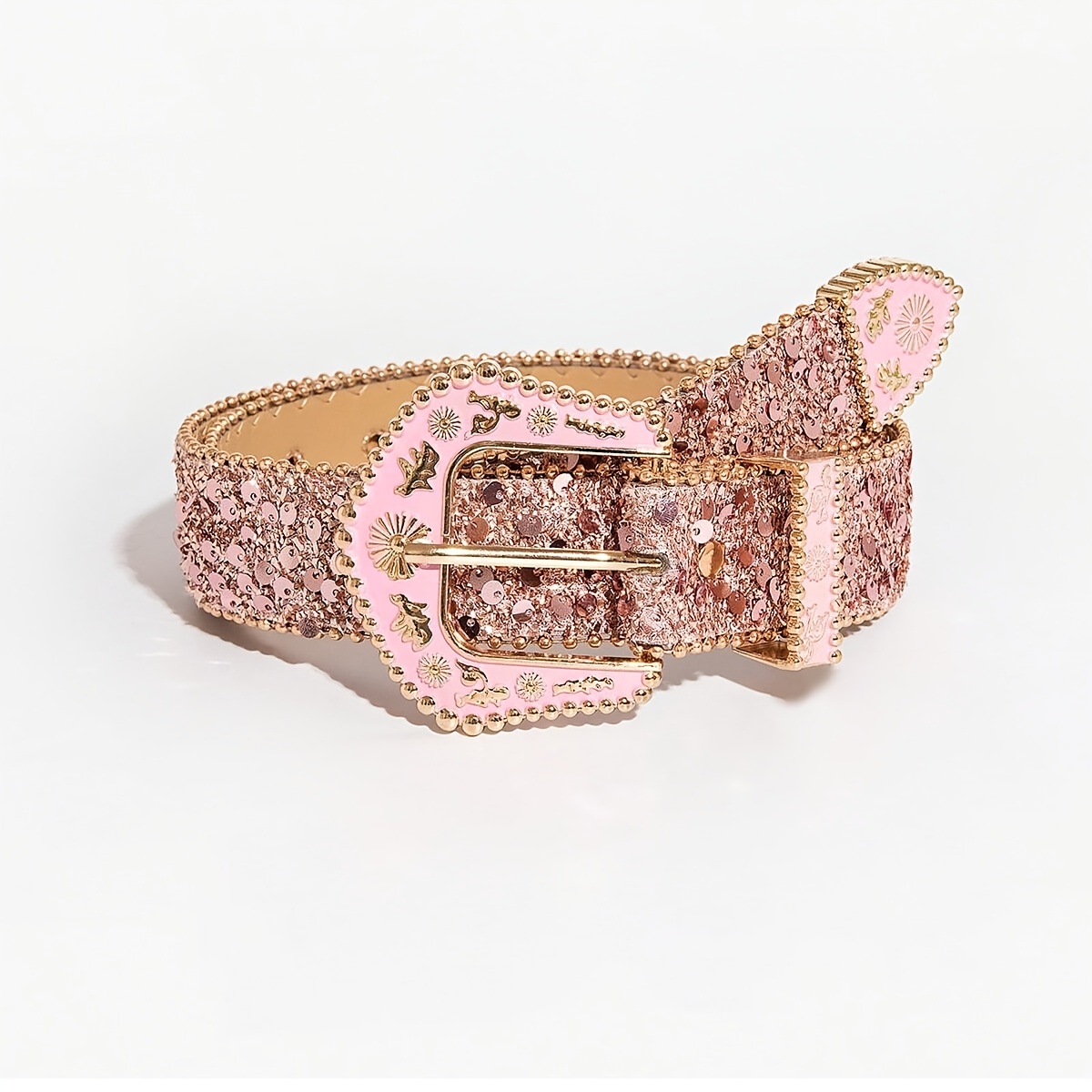 E-shop 1 Stück Damen Retro Western-Stil Schwarzer Blumen-Gravur Legierungsschnalle Unregelmäßiger Rosa Pailletten Perlen Prägung Gürtel Passend zu