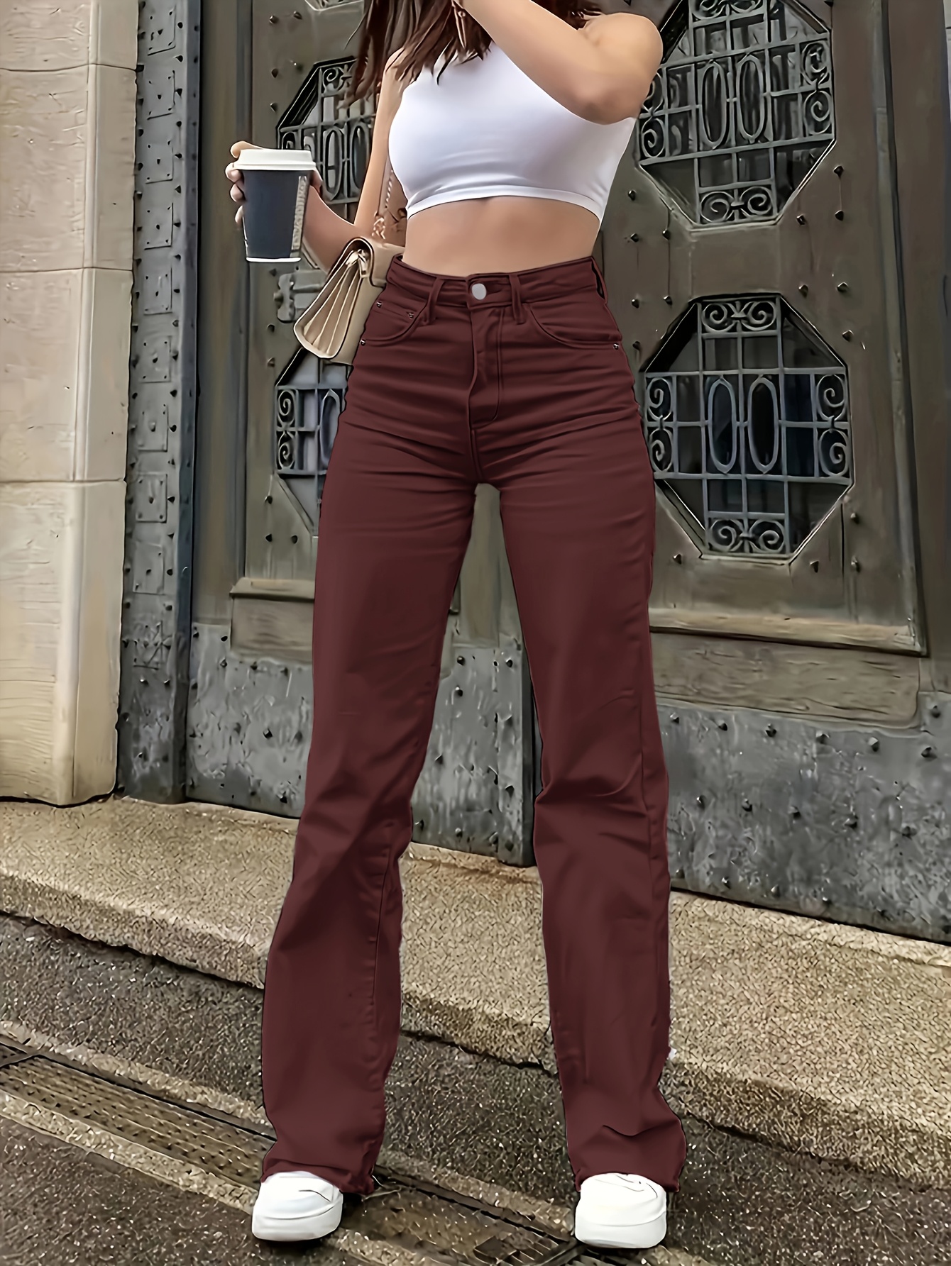 wine red elastic denim straight pants Temu Germany