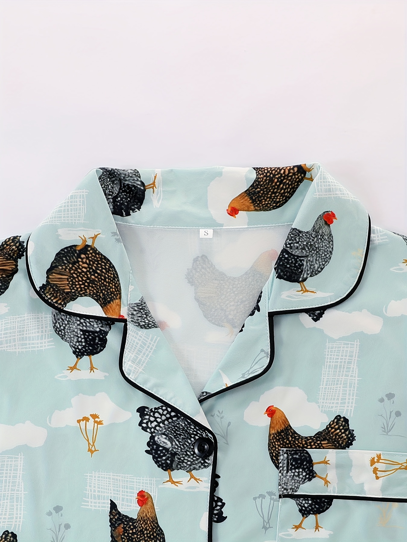 womens 2pcs chicken print pajama set short sleeve shirt with turn buttons and elastic shorts casual outdoor home comfortable girlfriend loungewear suitable for summer   Product details 3
