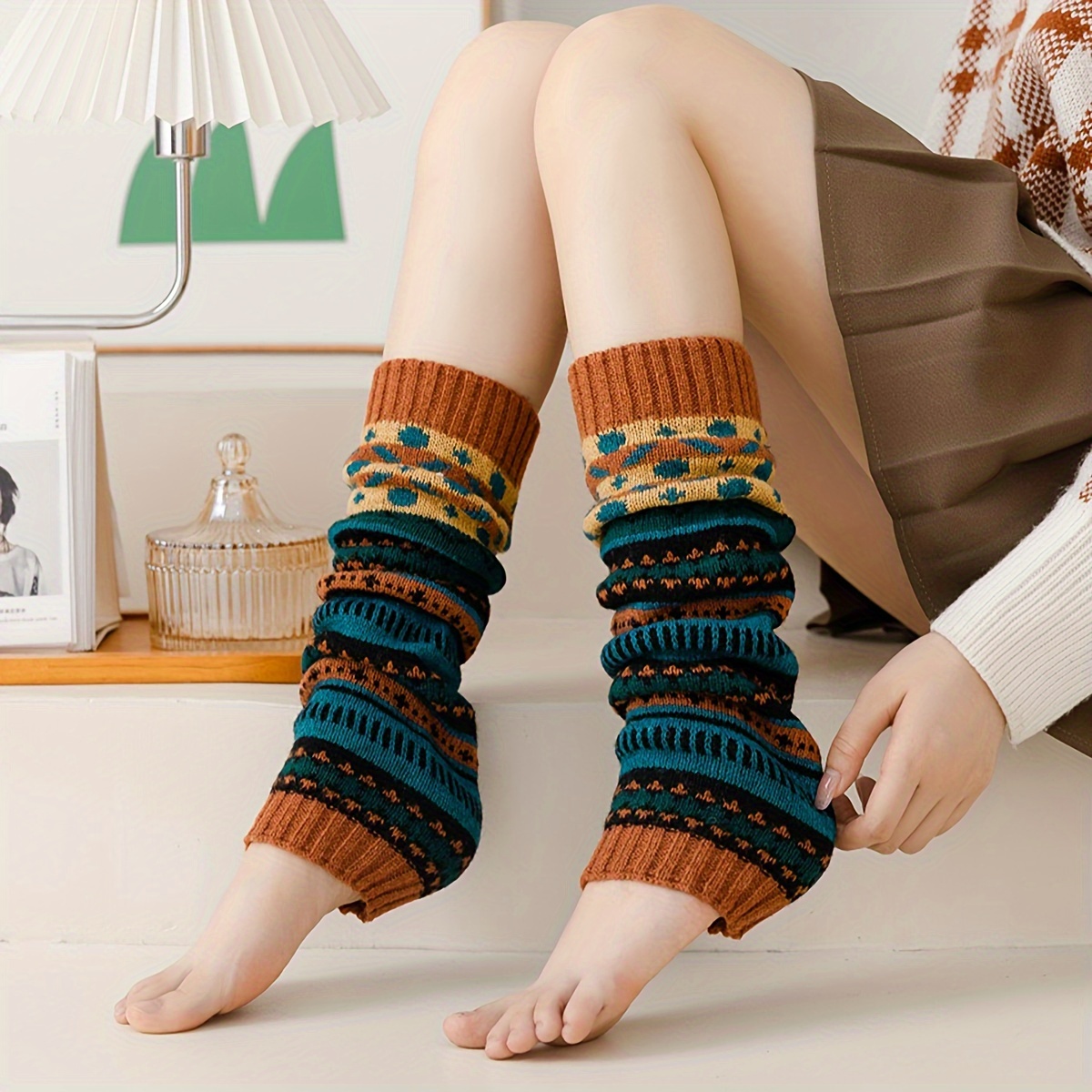 1 Pair (5 Colors - Black/khaki/gray/) Western Winter Warm Socks, Striped Over-the-knee Socks, Legwear, Boot Covers