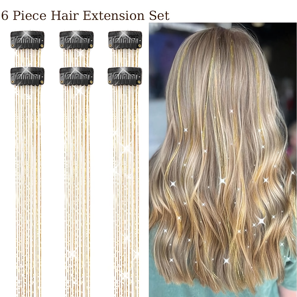 TEMU Synthetic Hair 6pcs Clip On Synthetic Hair Bundle 20 Inch Shining Fairy Color Hair Accessories Set Suitable Christmas Use For Women' Festivals