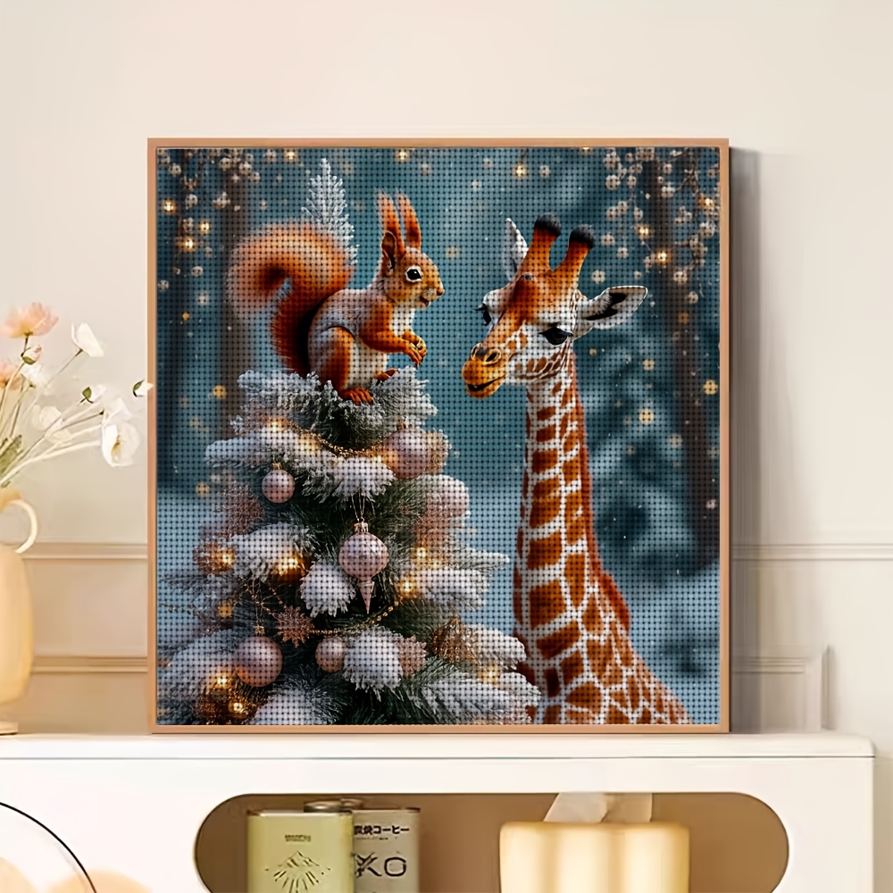 DIY Cross-Stitch Print Kit, Squirrel and Giraffe Under Christmas Tree Design