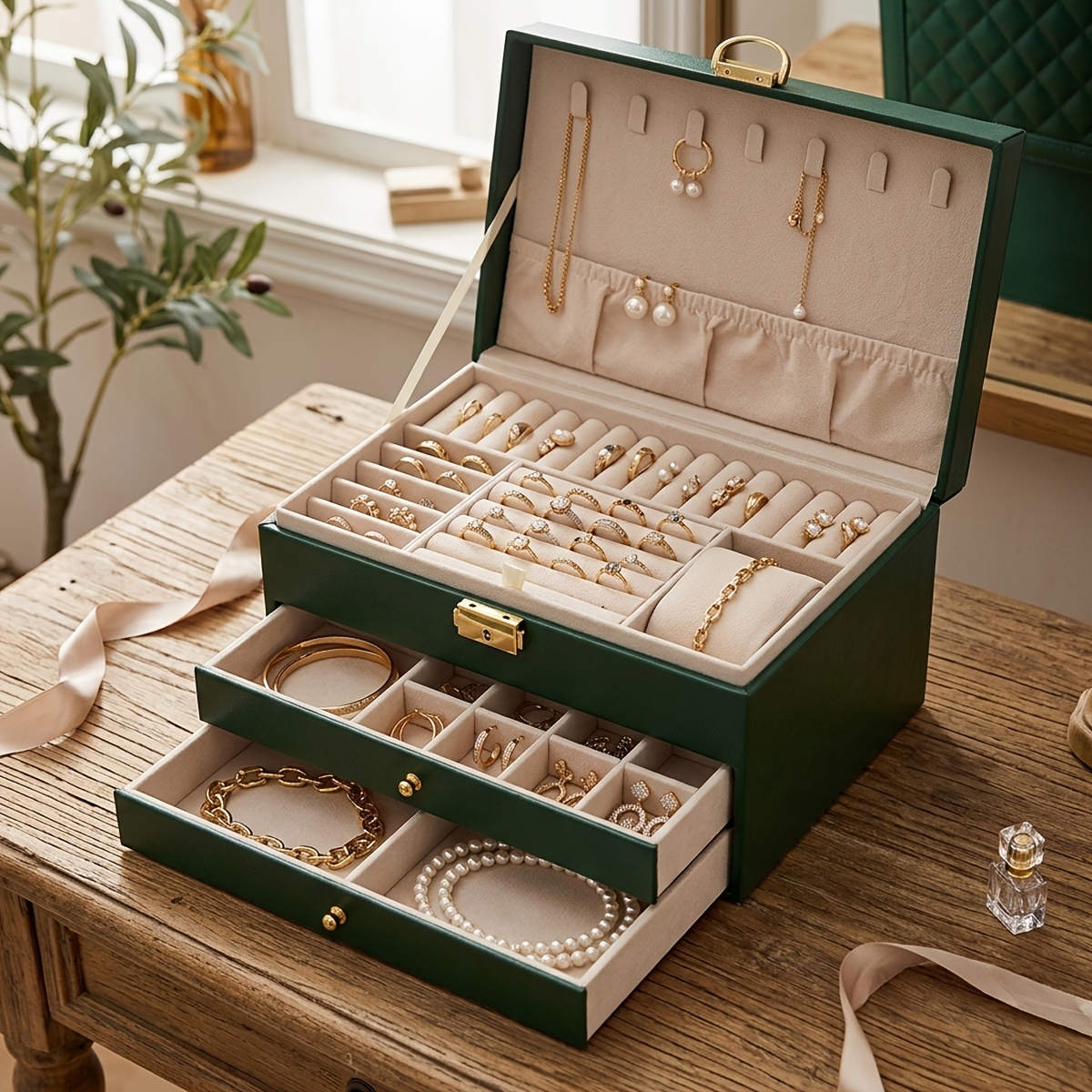 TEMU Large Capacity Vintage Pu Faux Leather Jewelry Box With Drawers - Multi-tier Soft Lined Suitable For Necklaces, Earrings, Rings, Desktop For