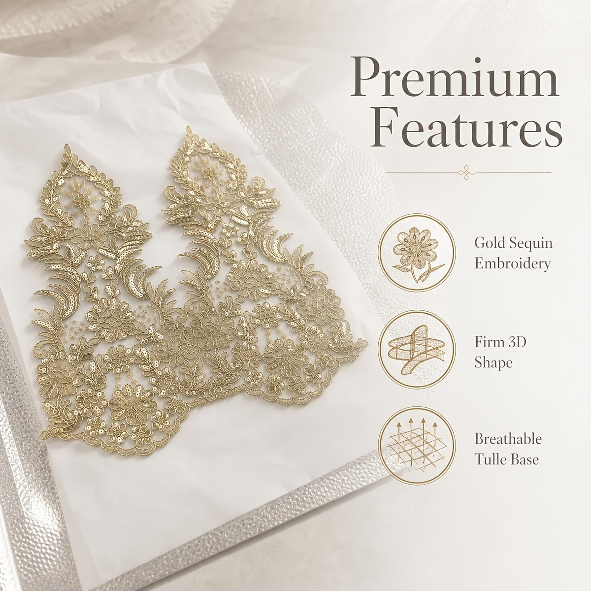 Image of 39.37in Wide Floral Patterned Golden Sequin Lace Trim, 1 Yard - Embroidered Ribbon For Wedding Bridal Veil, Evening Gowns, And Home Decor
