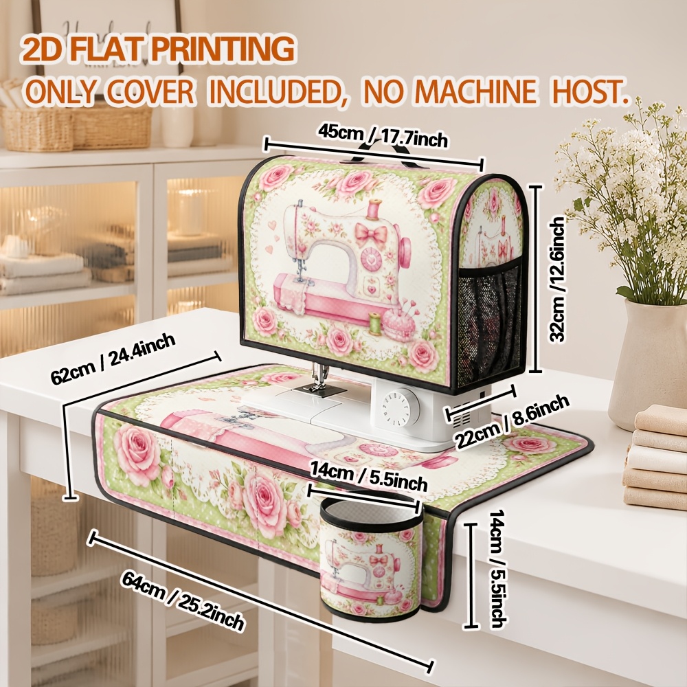 TEMU Housse de machine à coudre 2D plate, motif roses roses imprimé, housse anti-poussière, accessoires pour machine à coudre, avec poches latérales