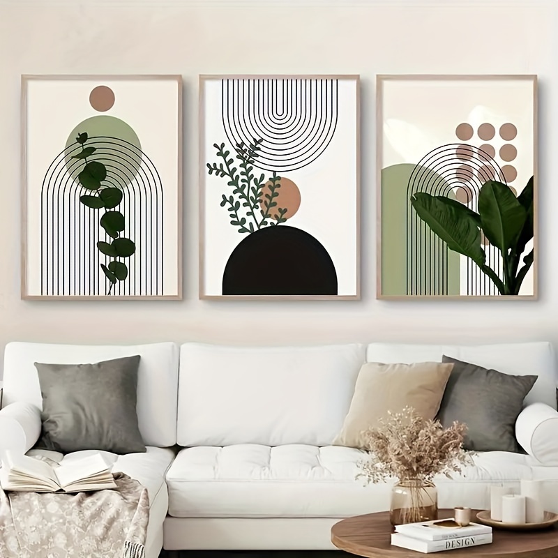 

3pcs/set Plant Wall Art Canvas Poster, Boho Abstract Green Plants Leaf Vase Sun Lines Wall Art Canvas Painting Posters And Prints Pictures For Living Room Decor No Frame