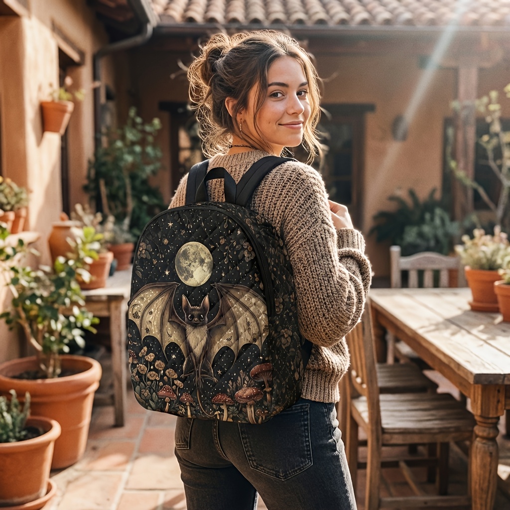 E-shop Rucksack mit bedrucktem Mond-Pilz-Fledermaus-Muster lässem Rautengitter, leichter Reiserucksack, Campus-, Reise-, Camping-Freizeitrucksack, für