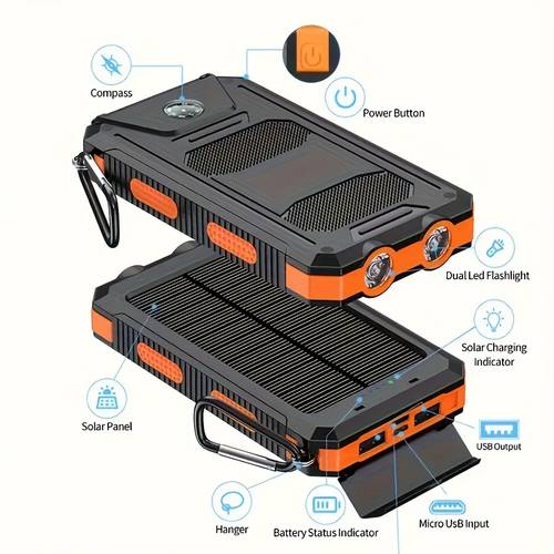 item picture 20000mah usb portable charger solar power bank dual 5v usb port output for all mobile devices built in flashlight with compass for outdoor camping emergency use power bank portable portable power bank solar power bank battery power bank