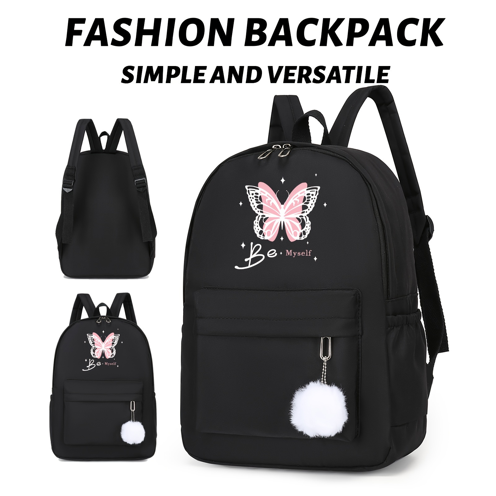 

Simple Versatile Butterfly Pattern Casual Backpack, Stylish And Versatile Black Backpack, Suitable For Travel, Large Capacity, Suitable For Men And Women, Multi Functional Schoolbag
