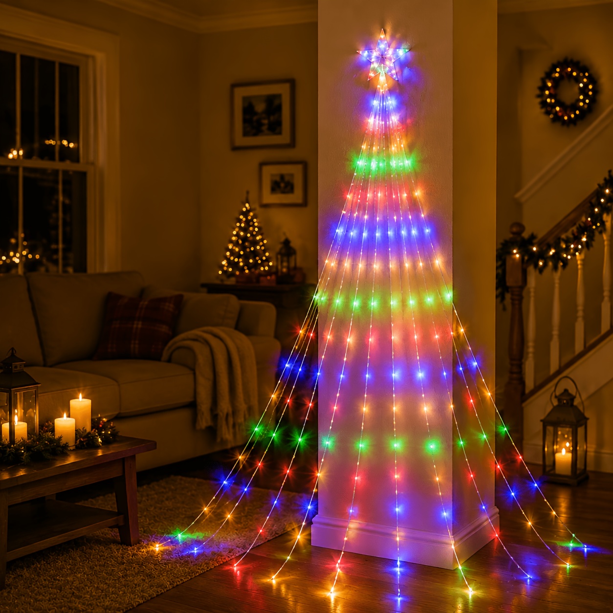 TEMU Single- Waterfall String Lights, Christmas Hanging Tree Lights, Colorful Decorative Lights, Five-pointed Star Waterfall Flowing Light,