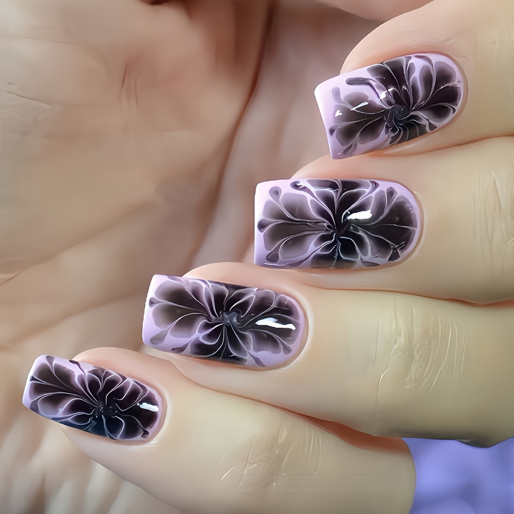 

24pcs Chinese Square Purple Gradient French False Nails Full Set Of Nails Suitable For Women And Girls Comes With File And Jelly Glue