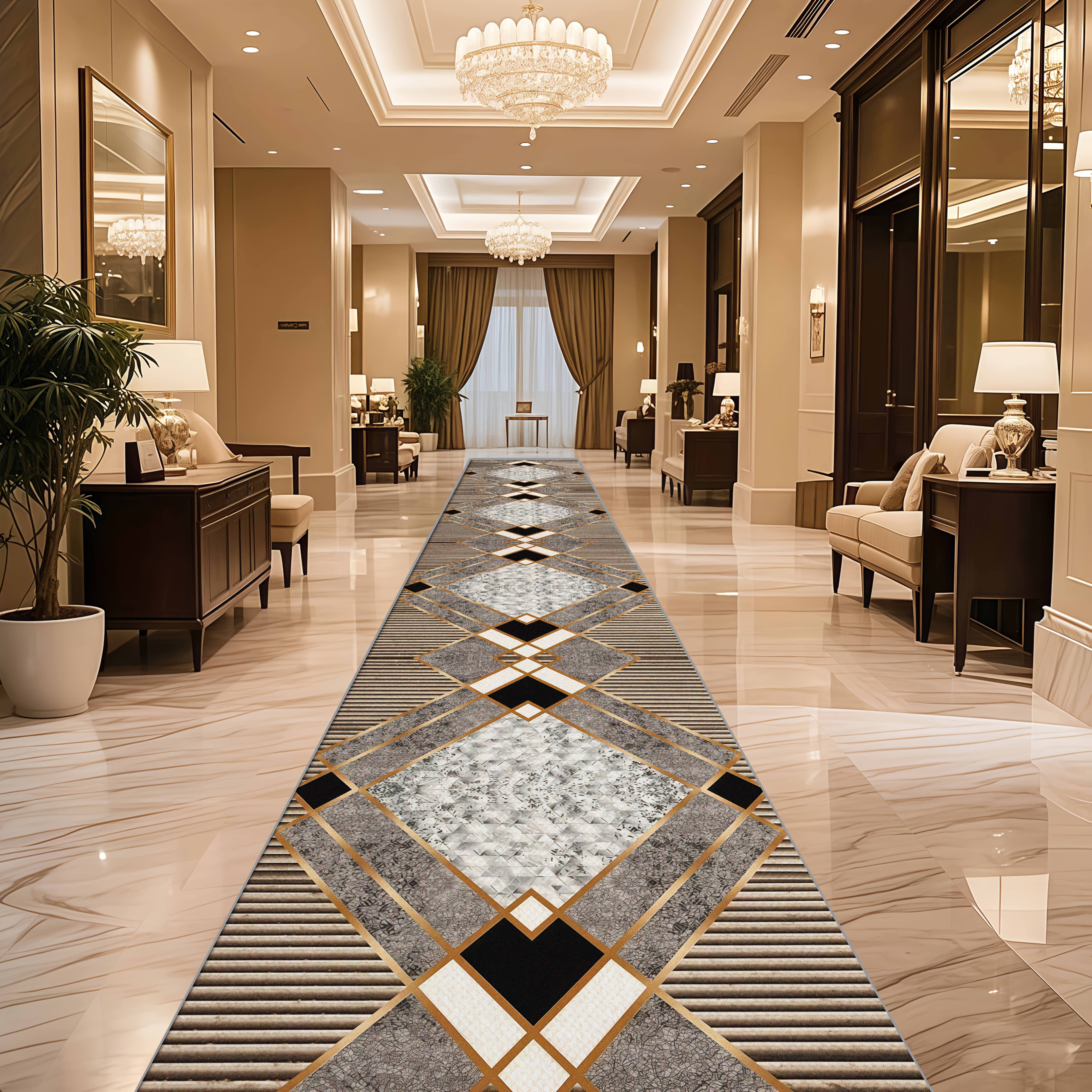 TEMU Shipping: Golden Diamond Velvet, 1pc. A 1pc Modern Minimalist Geometric Patterned Long Hallway Runner With A Quadrilateral Design, Decor,