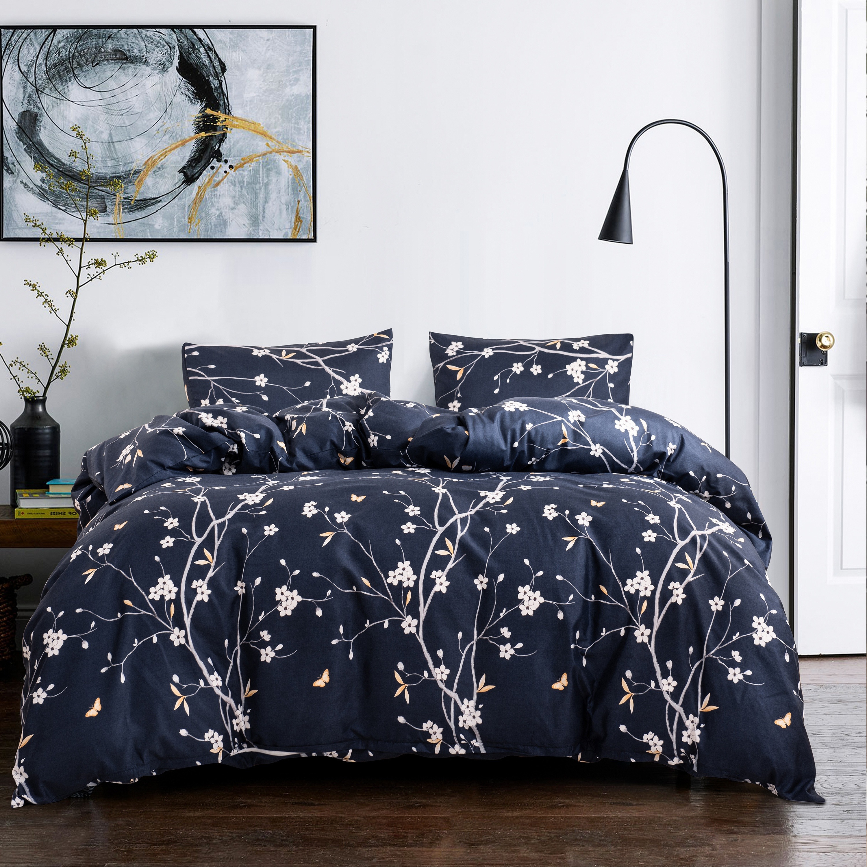 

Floral Duvet Cover Set Queen Comforter Set Full Navy Blue Bedding 90"x90" Duvet Cover With 2 Pillow Shams Lightweight Plum Bedding Set Hotel