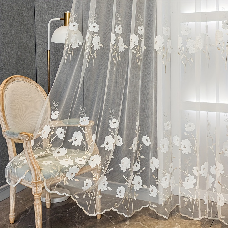 

2pcs Flower Embroidered Sheer Curtains, Rod Pocket Decorative Curtains, For Bedroom Living Room, Home Decoration, Room Decoration