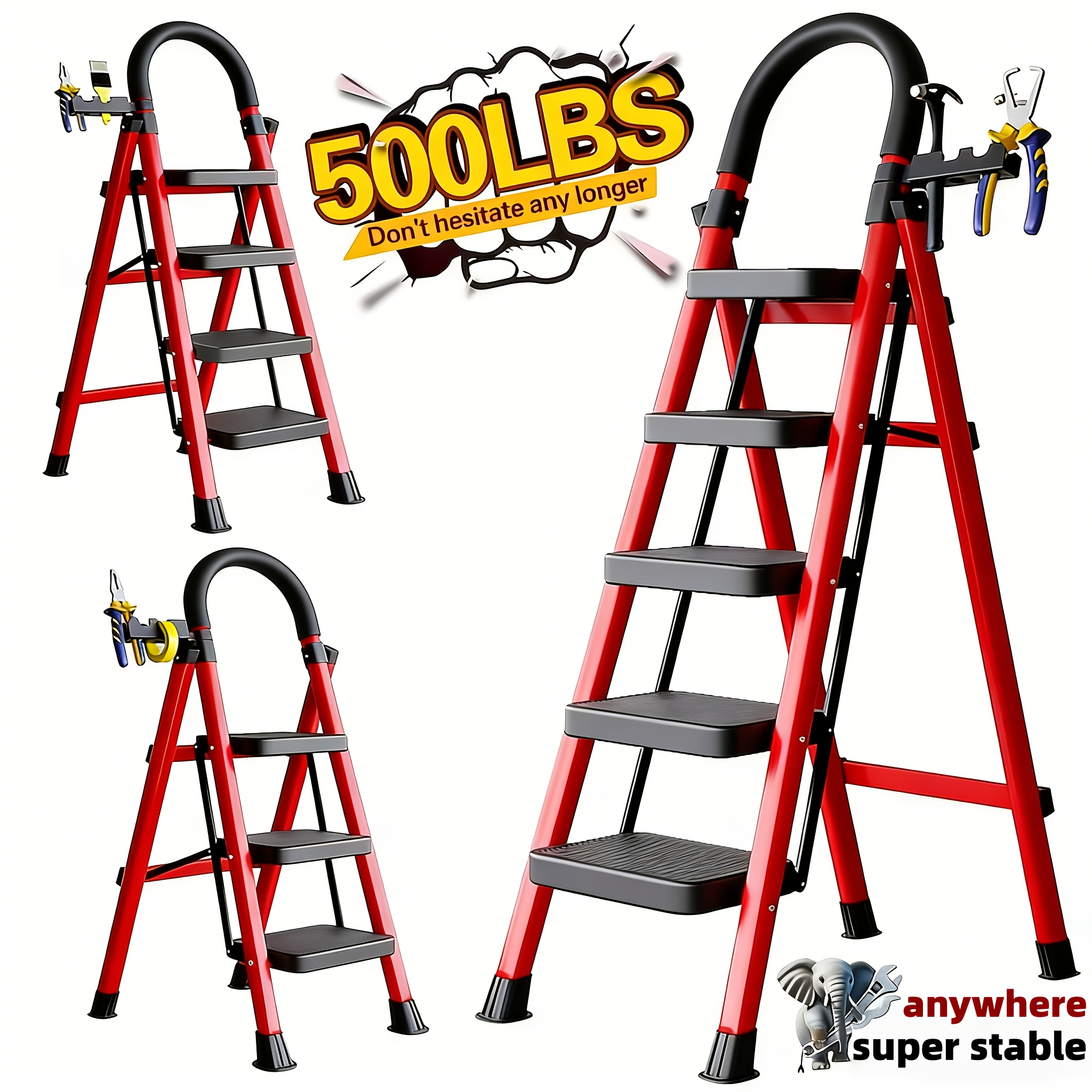 item picture 500lbs Load-bearing Folding Ladder | Heavy-duty Steel Step Stool with Anti-slip Wide Treads, Handrails, Safety Lock Design, Black And Red Color Scheme, Portable Multi-functional Ladder for Home And Kitchen Use-XPHYN